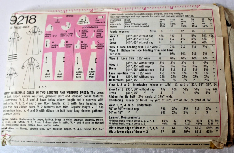 Vintage Simplicity 9218 Sewing Pattern - Size 16 Wedding/Bridesmaid Dress Uncut - Image 2 of 2