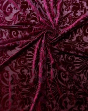 BURGUNDY Damask Floral Burnout Stretch Velvet Fabric (58 in.) Sold By The Yard