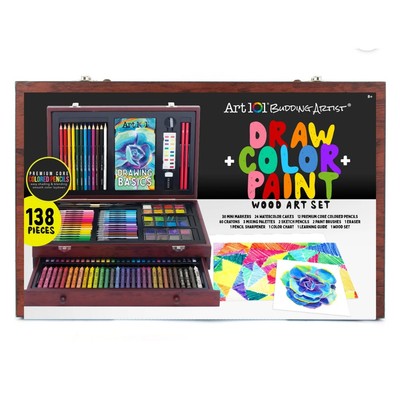 NEW Art 101 Budding Artist Draw, Color & Paint 138 Piece Multimedia Wood Art Set