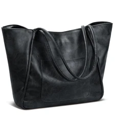 Large Leather Tote Bag for Women - Zipper Travel Purse - Black
