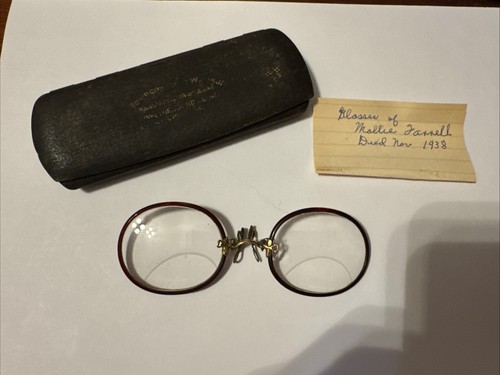 ANTIQUE SHUR-ON PINCH ON GLASSES TINY 1930’s W Note & Case