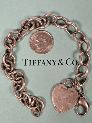 TIFFANY & CO Oval Gliederarmband 9,5'' mit Herz Charm Massiv Sterling Silber 925!