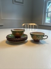 Antique Moriyama Mori-Machi Tea Cups  Saucer Floral Design Moriage Pearlescent