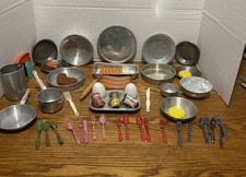 Vintage Aluminum Toy Child  s Baking Toy Set, Over 50 Pieces, Pans, Food And More