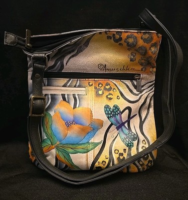 Anuschka Hand Painted Floral,  Dragonfly and Zebra Stripes  Handbag Purse