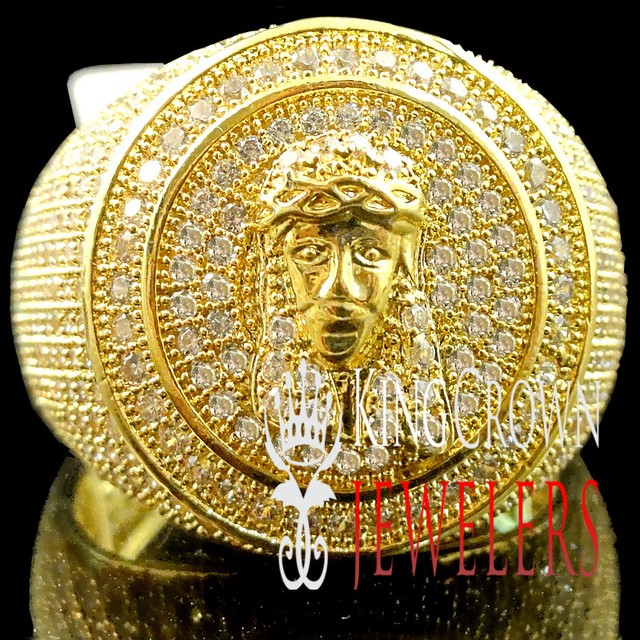 Mens 14K Yellow Gold Finish Jesus Face Ring Simulated Diamond Holy Head