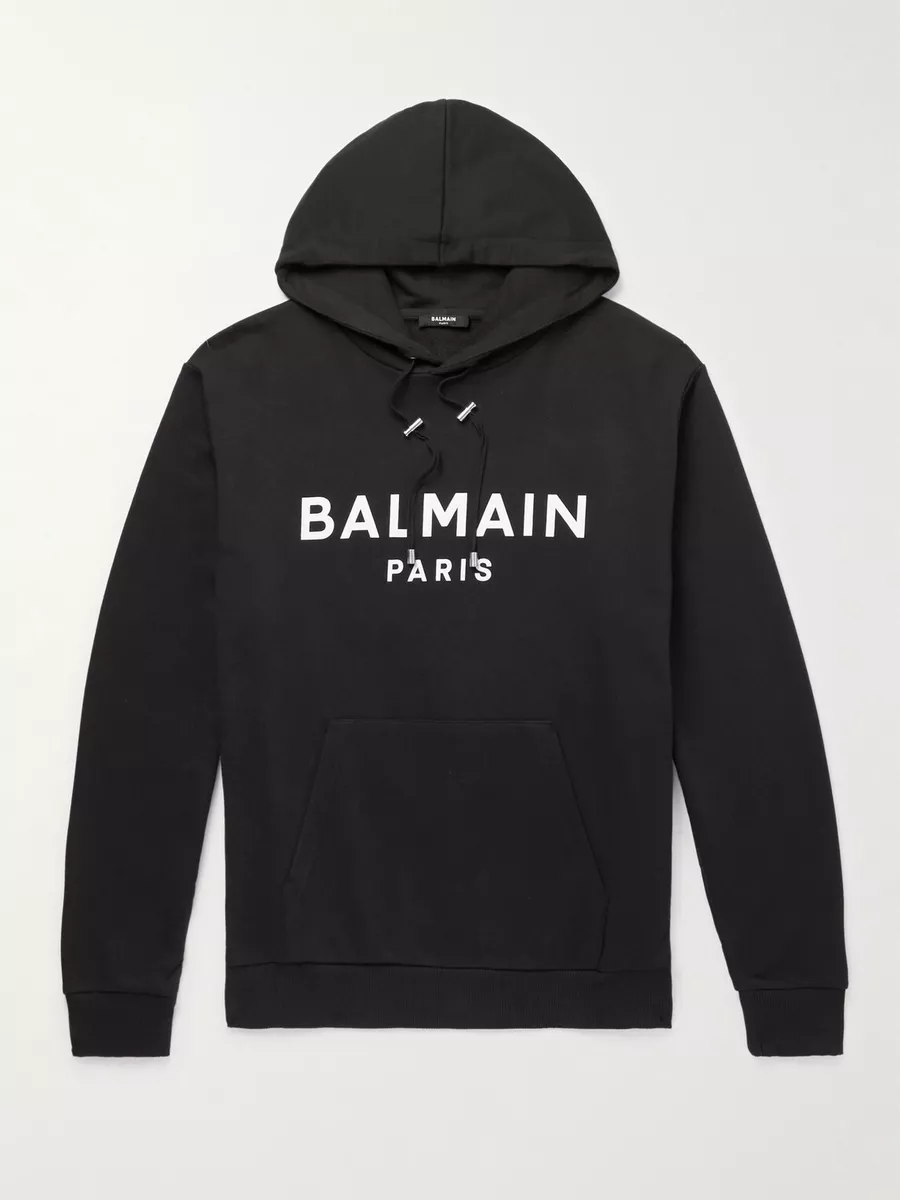 $1200 BALMAIN Logo-Print Cotton-Jersey Hoodie Black M