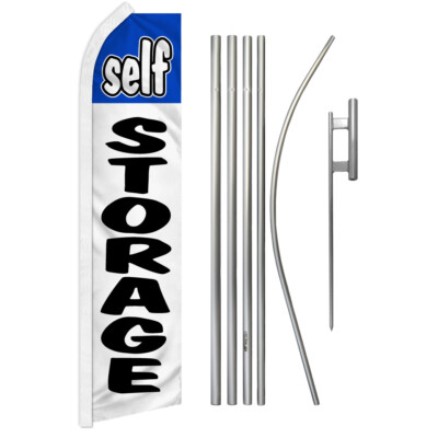 Self Storage Advertising Swooper Feather Flutter Flag & Pole Kit Storage BL/WT