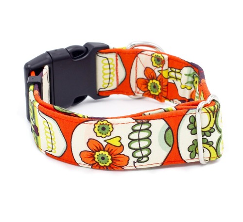 Frida Flowers Red Sugar Skull Dog Collar soft fabric walking training collars - Picture 3 of 11