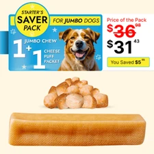 Yak Dog Chew pack for Jumbo dogs - 1 Yak Milk Hard Cheese Chews + 1 Cheese Puff