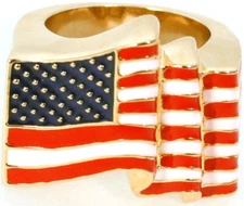 USA Flag Ring Gold Plated Metal Alloy Set With Multi-Coloured Enamel