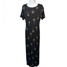 Vtg Y2K Talbots Slinky Maxi Dress Size S Black Floral Stretchy Phoebe Grunge 90s