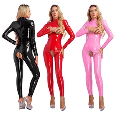 Woman Latex Catsuit Hollow Out Bodysuit Patent Leather Jumpsuit Bodycon Lingerie