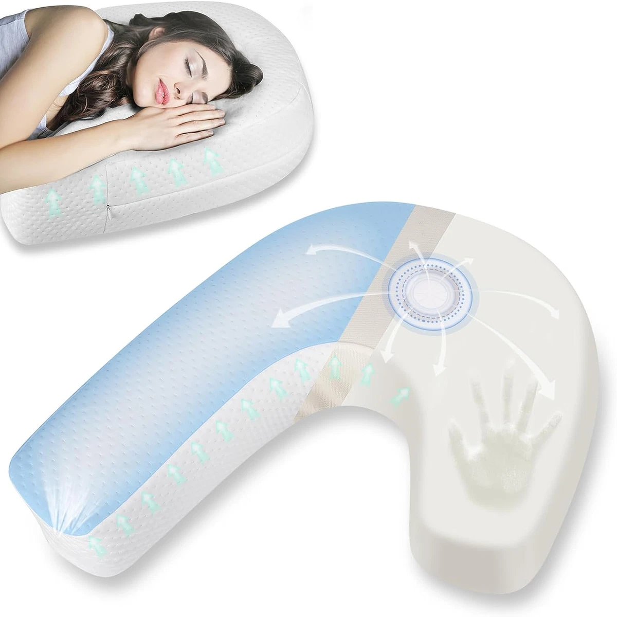 Side Sleeper Pillow for Adults, J Pillow with Ear Hole for Side