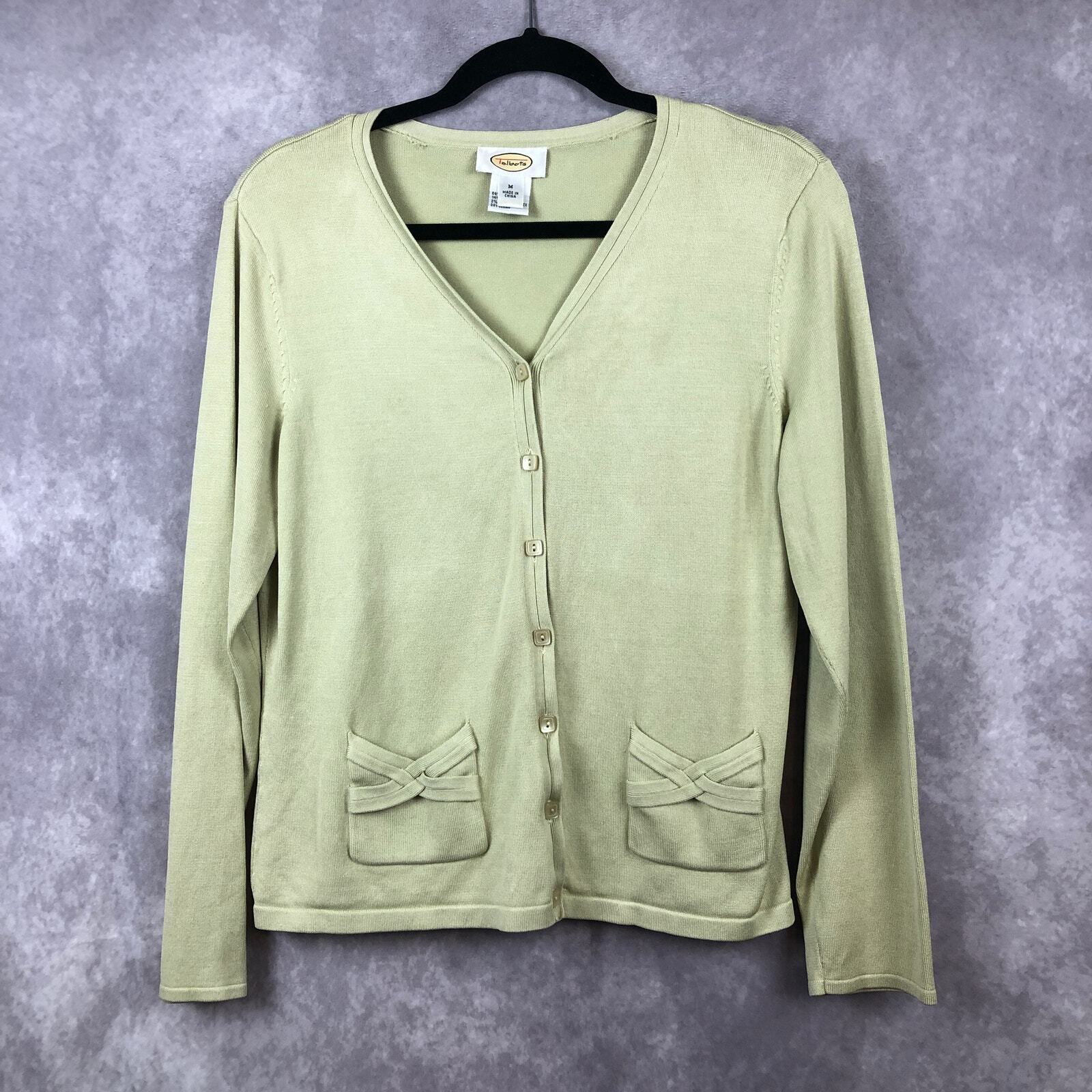 Talbots Cardigan Sweater Womens Medium Chartreuse Green Pockets Button Up Silk