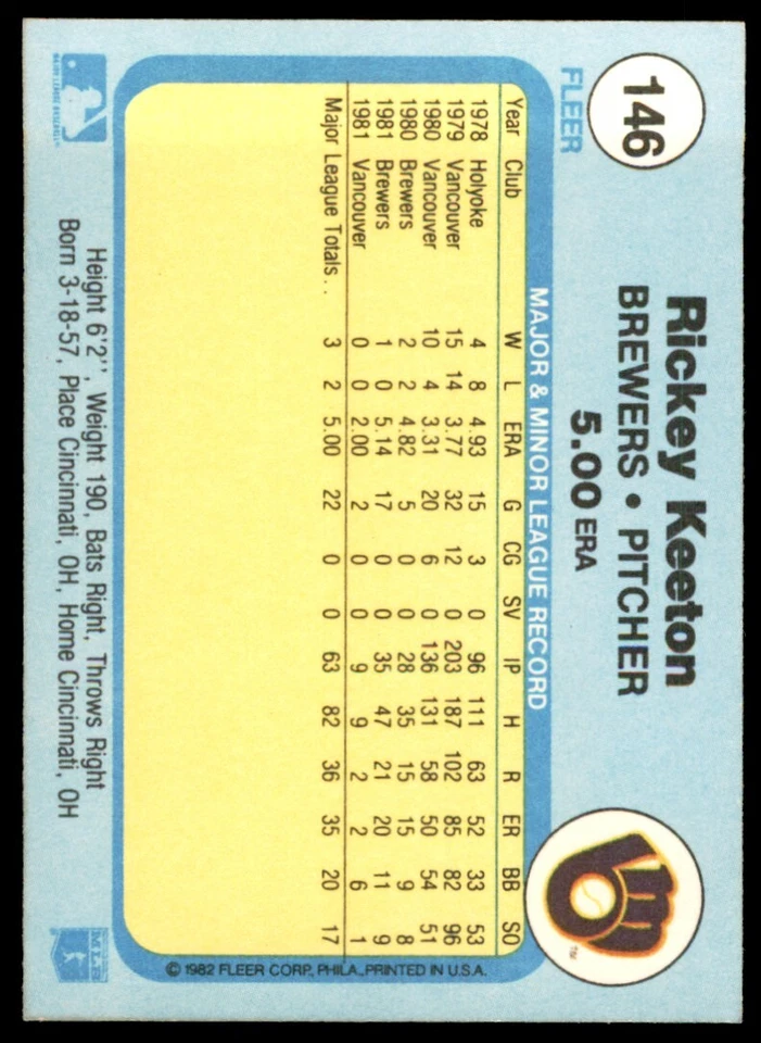 1982 FLEER RICKEY KEETON ROOKIE . MILWAUKEE BREWERS #146 - Image 2 of 2