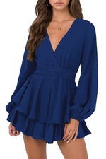 Hocuos Womens Wrap V Neck Long Lantern Sleeve Layer Ruffle Hem Dress-Navy-Small