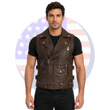 Men's Vintage Brown Genuine Soft Cowhide Leather Vest Biker Motorcycle Waistcoat