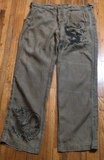 Vintage Y2K Da Nang Surplus Dragon Print Linen Beige Black Pants XL