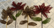4 Glass Seed Bead Long Stem Flowers, 2 gold, 2 Red. 25 inches tall New