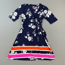 Vince Camuto Wrap Dress Women's 8 Navy Floral Pink Orange Stretch 1/2 Sleeve