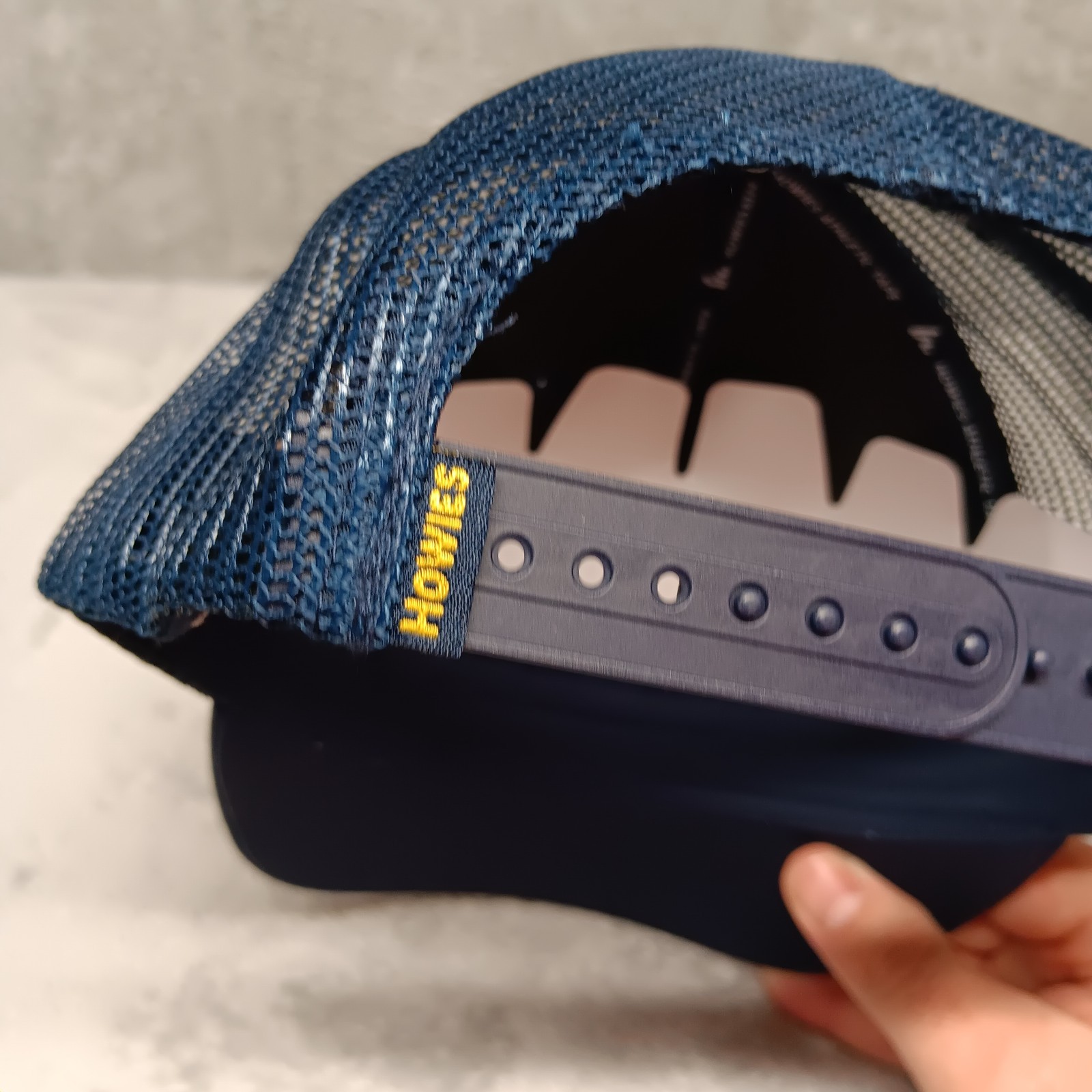 Howies Athletic Tape Hat Cap Crosscheck Logo Patch Navy Blue Snapback Mesh Back