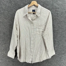 Gap Shirt Women L Large Gray Striped Button Up Collared Long Sleeve Linen Casual