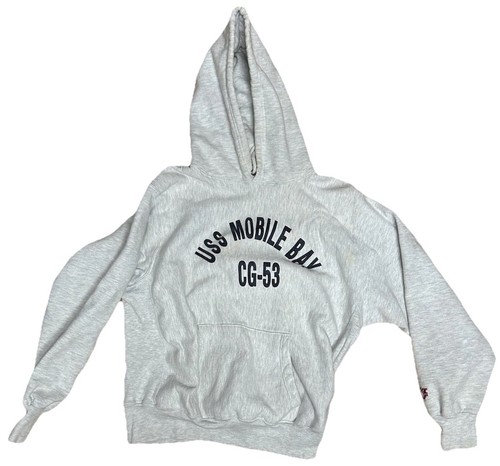 Rare USS Mobile Bay CG-53 U.S. Navy Cruiser Pullover Hoodie XL Gray Used Stained