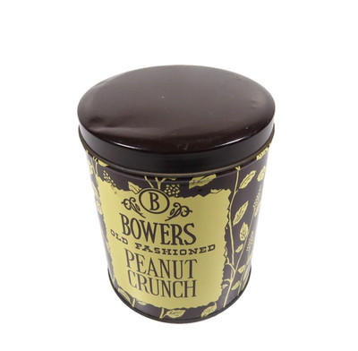 VTG Bowers Peanut Crunch Candy tin w/lid 1 lb brown & tan 5 1/4'' high  (empty)
