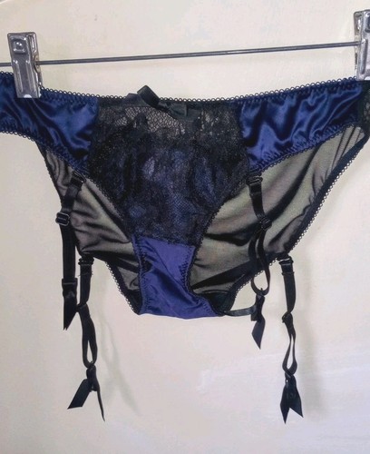 Be Wicked VTG Sexy Retro Removable Garter Blue Black Satin LacePanty Large New
