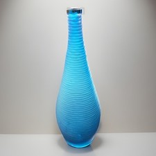 Blue Frosted Hand Blown Ribbed Art Glass Bottle 15 Coastal Decor