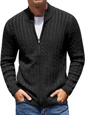 Men's Full Zip Slim Fit Cable Knit Cardigan Sweater with Pockets Warm Stylish