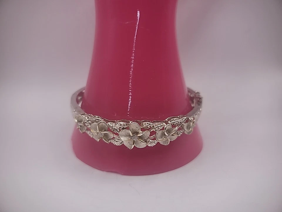Pulsera vintage de plata de ley 925 flores de plumeria circonita cúbica doble cierre de seguridad Foto 2 de 4