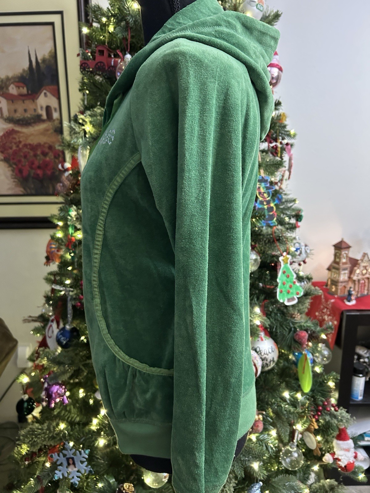 Vtg BCBG Green Velour Track Full Hoodie Y2K Size … - image 3