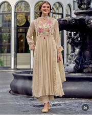 Women Indian Anarkali Suit Set Cream Embroidered Kurta Pant Dupatta Ethnic Party