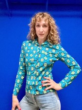 OP ART CHECKED Vintage 1970s All Over Geometric Printed Knit Disco Shirt, by Me
