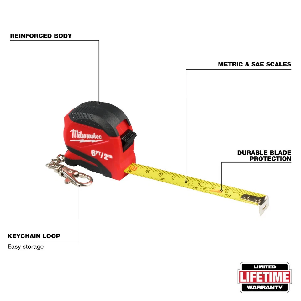 Milwaukee 48- 22-1706 6ft-2m Metric/SAE Durable Keychain Tape Measure - Image 2 of 4