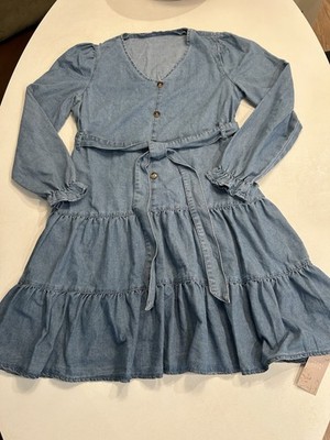 Emery Rose Chambray Denim Ruffle Dress Belted Long Princess Sleeves XL US 12