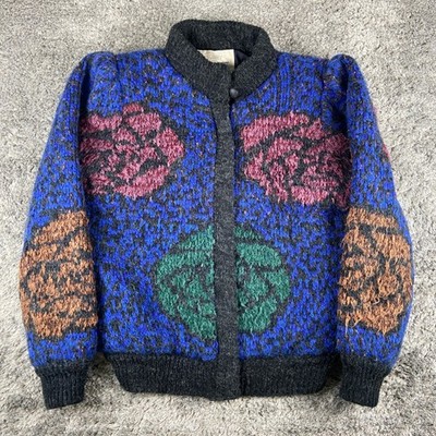 Vintage Globex Knit Jacket Mens S Blue Floral Rose Quilted Lined Bomber 80s