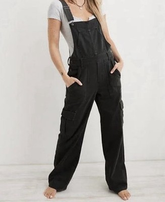 Aerie Baggy Bib Overall Smoke Gray Denim Cargo Pockets Wide Leg Small Distressed