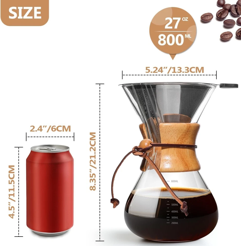 Vidrio para cafetera - Kit de barista de 6/8/10 tazas con filtro de acero inoxidable 304 Foto 3 de 4