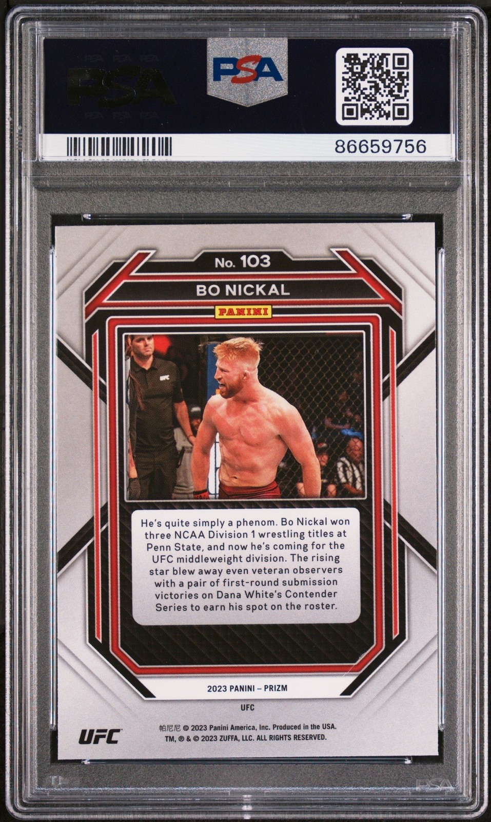 Graded 2023 Panini Prizm UFC Bo Nickal #103 Rookie UFC MMA Card PSA 10 Gem view 2