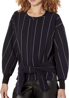3.1 Phillip Lim Shirt Women s XS Navy Blue Cream Striped Tie Belt Quiet Luxury