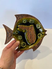 1962 Treasure Craft Ceramic Green Glaze Fish Trinket Dish Ashtray Florida Vtg