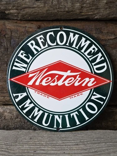 VINTAGE WESTERN AMMUNITION PORCELAIN SIGN SHOTGUN SHELLS GUN AMMO HUNTING 8"