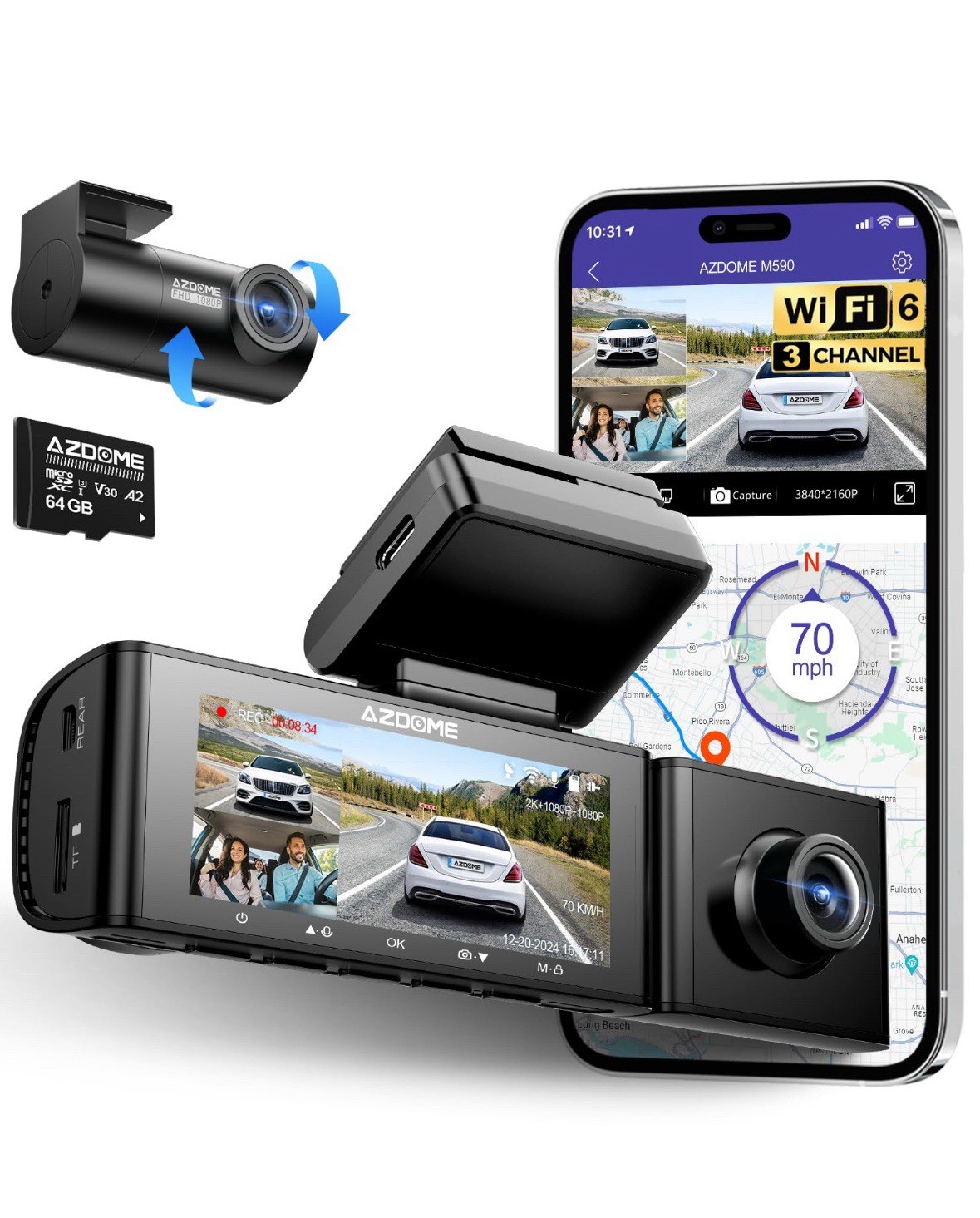 AZDOME M590 3 Ch WiFi Dash cam 2.5K+1080P+1080P Fr & Rr Inside 64GB (Faulty)