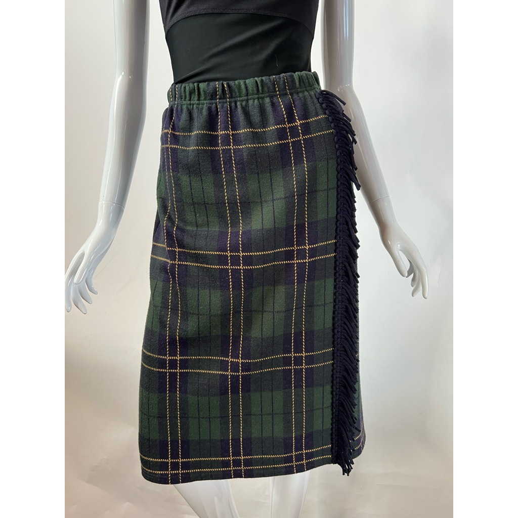 Vintage Lemmie For Nina Leonard Womens Skirt Green Blue Plaid Midi Side  Fringe L