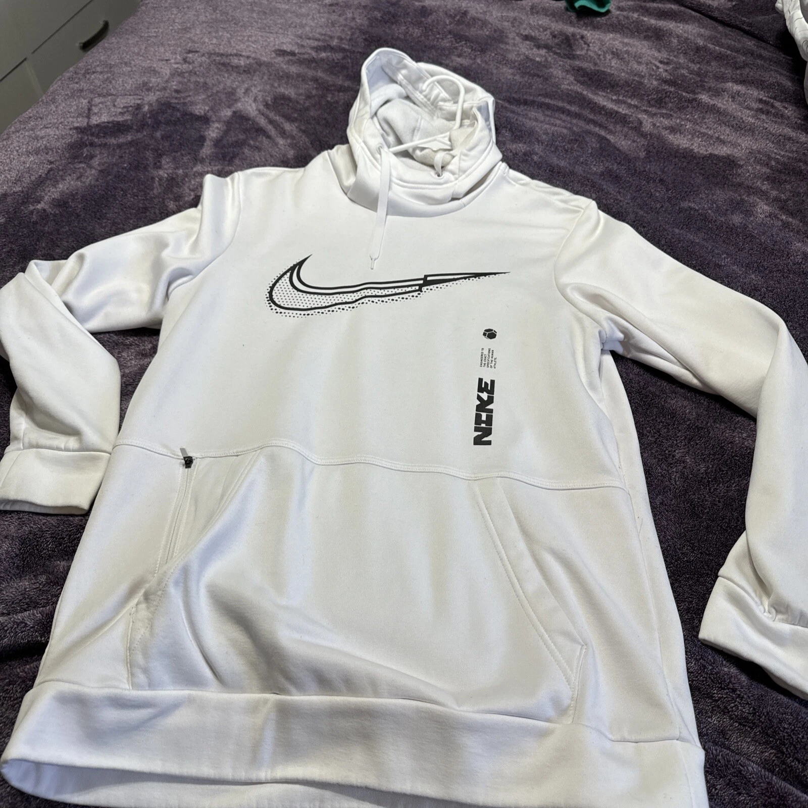 Small Rare Nike Therma-FIT White Hoodie Zip Pocket Jacket 21x30