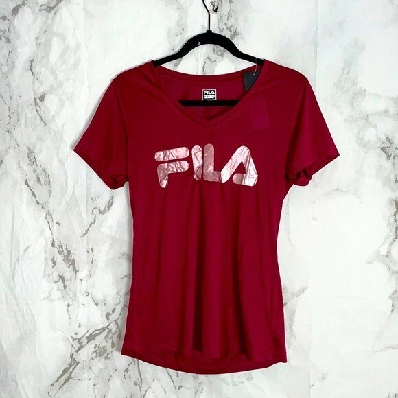NWT Fila burgundy rose gold foil short sleeve shirt