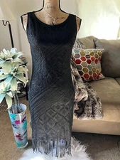 SAVVY DRESS,  GATSBY, BLACK SLEEVELESS SHEATH FRINGE FLAPPER LACE DRESS SIZE MED